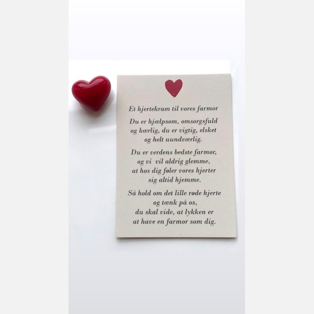 Hjertekram til VORES farmor (Lille rdt glashjerte og tilhrende A7 kort)