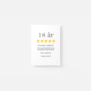 18 �r | 5 stjernet anmeldelse | A5 kort