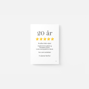20 �r | 5 stjernet anmeldelse | A5 kort