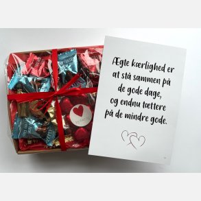 �gte k�rlighed | Valentinskurv med chokolade og A5 kort (F�rdigpakket gavekurv)
