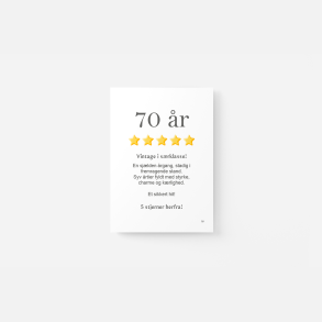 70 �r | 5 stjernet anmeldelse | A5 kort