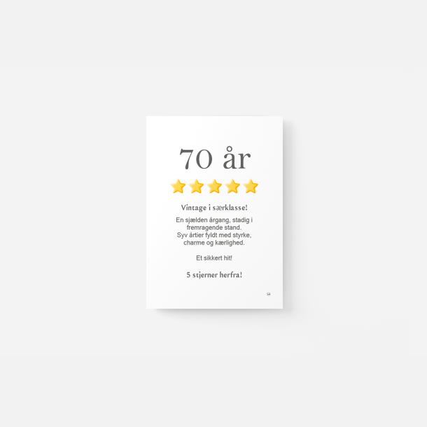 70 �r | 5 stjernet anmeldelse | A5 kort