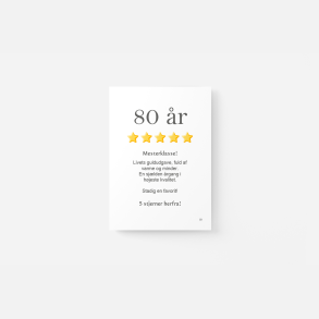80 �r | 5 stjernet anmeldelse | A5 kort