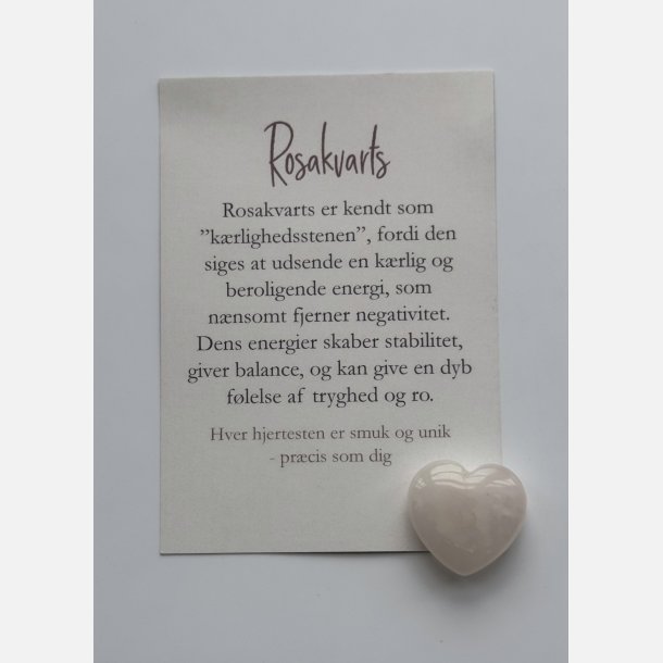 Rosakvarts hjertesten med A7-kort | K�rlighedsstenen