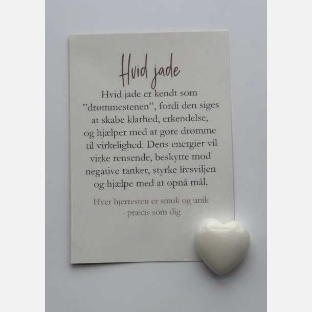 Hvid jade hjertesten med A7-kort | Dr�mmestenen