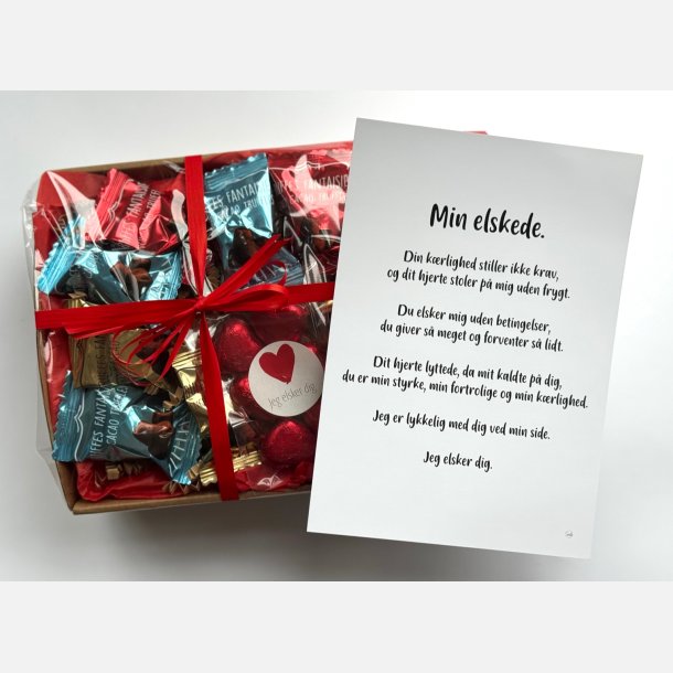Min elskede | Valentinskurv med chokolade og A5 kort (F�rdigpakket gavekurv)
