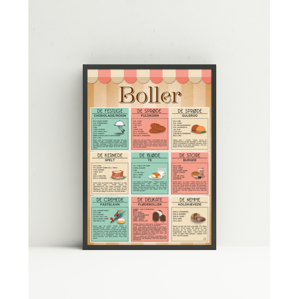 Boller Plakat  A4 og A3 | Dekorativ opskriftsplakat med 9 lkre boller (caf design)