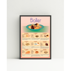 Boller Plakat  A4 og A3 | Dekorativ opskriftsplakat med 9 lkre boller (moderne design)