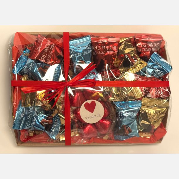 Jeg elsker dig | Valentinskurv med chokolade og A5 kort (F�rdigpakket gavekurv)