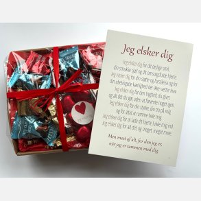 Jeg elsker dig | Valentinskurv med chokolade og A5 kort (F�rdigpakket gavekurv)