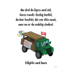 Student kort med lastbil og tekst (A5)