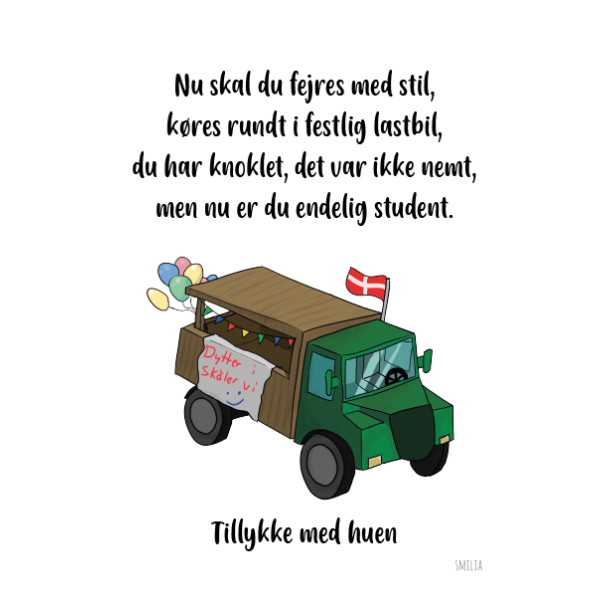 Student kort med lastbil og tekst (A5)