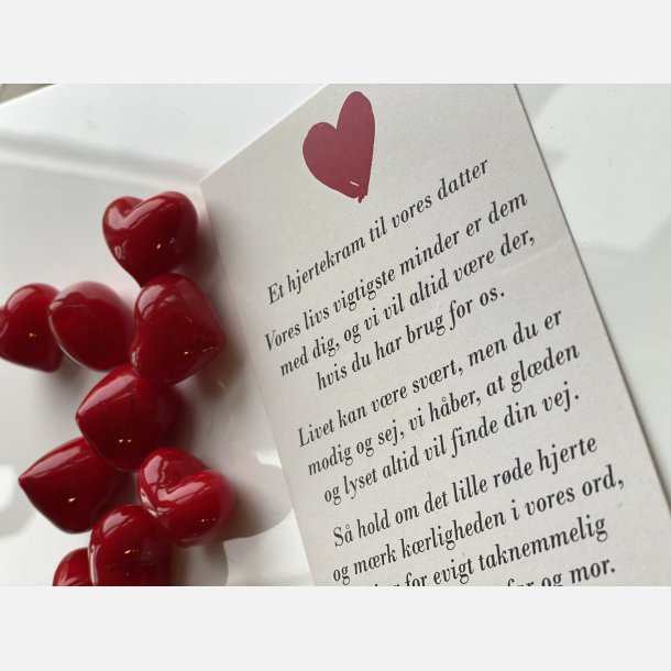 Hjertekram til VORES datter  (Lille rdt glashjerte og tilhrende A7 kort)