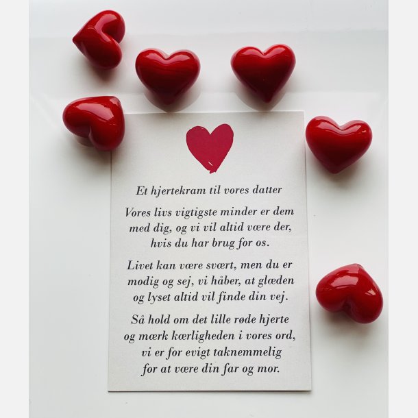 Hjertekram til VORES datter  (Lille rdt glashjerte og tilhrende A7 kort)