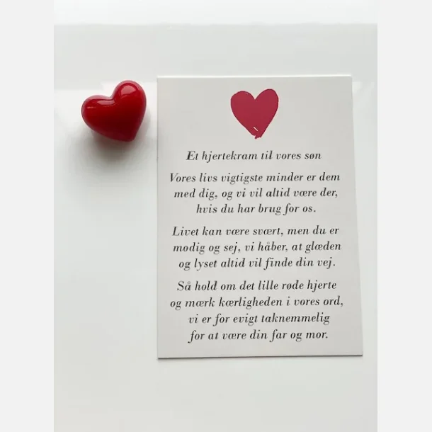 Hjertekram til VORES sn  (Lille rdt glashjerte og tilhrende A7 kort)
