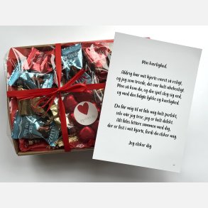 Min k�rlighed | Valentinskurv med chokolade og A5 kort (F�rdigpakket gavekurv)