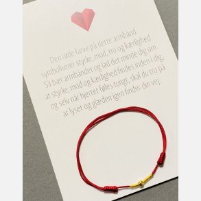 Rdt armbnd med tilhrende A6 kort (red string) (Mrk rd, tekst 1, styrke, mod, tro og krlighed)