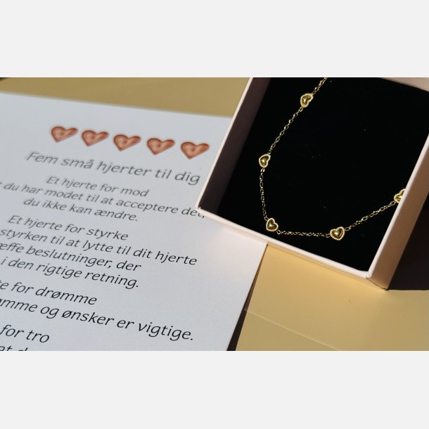 Fem sm� hjerter | Forgyldt armb�nd og A5 kort til konfirmand