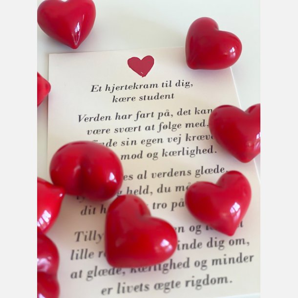 Hjertekram til student (Lille rdt glashjerte og tilhrende A7 kort)