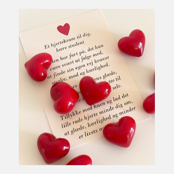 Hjertekram til student (Lille rdt glashjerte og tilhrende A7 kort)