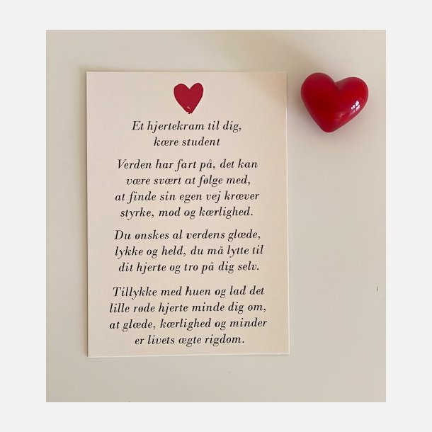 Hjertekram til student (Lille rdt glashjerte og tilhrende A7 kort)