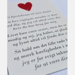 Hjertekram til MIN datter fra MOR (Lille rdt glashjerte og tilhrende A7 kort)