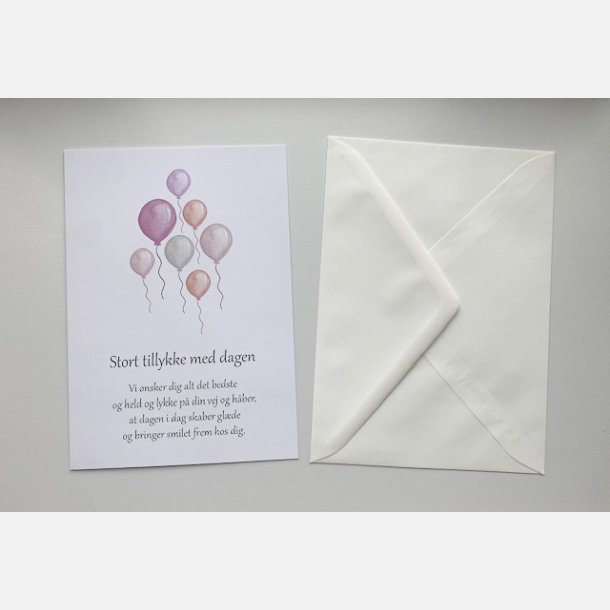 Stort tillykke med dagen (rosa balloner)  (A5 telegram med tilhrende kuvert)
