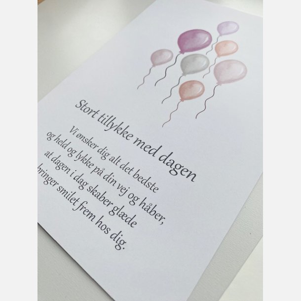 Stort tillykke med dagen (rosa balloner)  (A5 telegram med tilhrende kuvert)