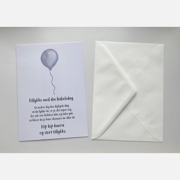 Tillykke med din fdselsdag bl ballon (A5 telegram med tilhrende kuvert)