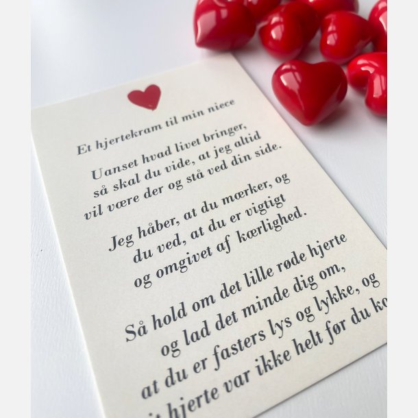 Hjertekram til min niece fra FASTER  (Lille rdt glashjerte og tilhrende A7 kort)