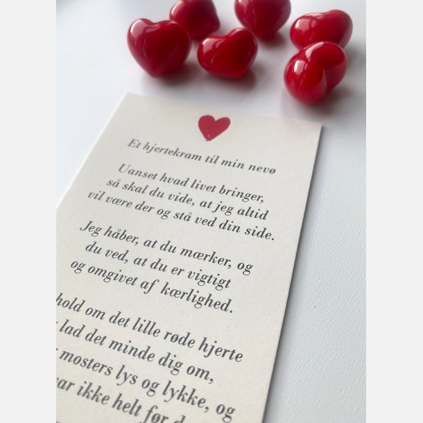 Hjertekram til min nev fra MOSTER  (Lille rdt glashjerte og tilhrende A7 kort)
