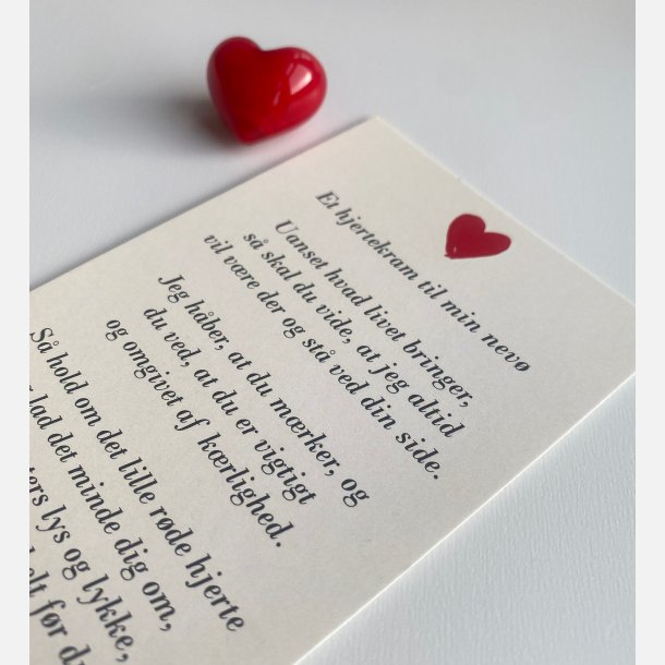 Hjertekram til min nev fra FASTER  (Lille rdt glashjerte og tilhrende A7 kort)