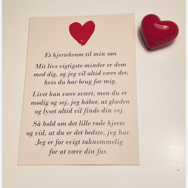 Hjertekram til MIN sn fra FAR (Lille rdt glashjerte og tilhrende A7 kort)