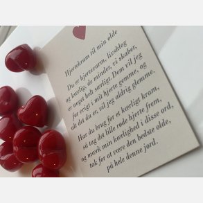 Hjertekram til MIN olde (Lille rdt glashjerte og tilhrende A7 kort)