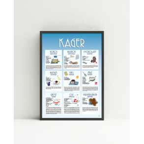 Kager Plakat  A4 og A3 | Dekorativ opskriftsplakat med 9 lkre kager