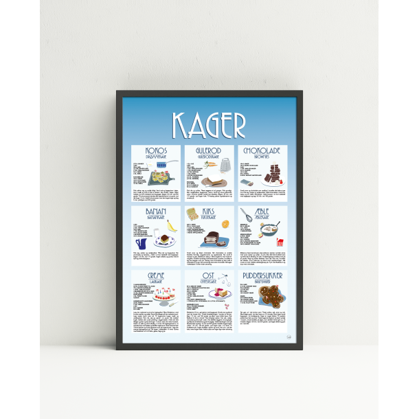 Kager Plakat  A4 og A3 | Dekorativ opskriftsplakat med 9 lkre kager