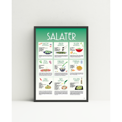 Salater Plakat  A4 og A3 | Dekorativ opskriftsplakat med 9 lkre salater