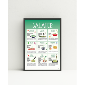 Salater Plakat  A4 og A3 | Dekorativ opskriftsplakat med 9 lkre salater