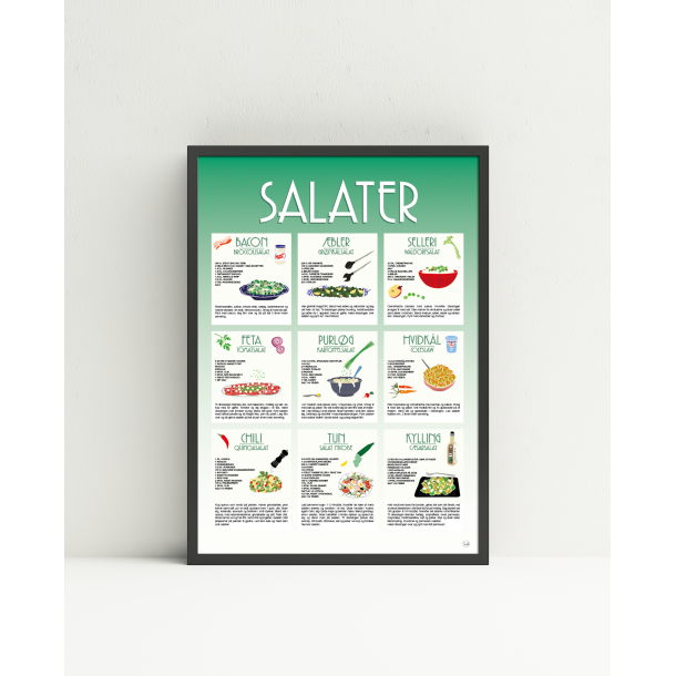 Salater Plakat  A4 og A3 | Dekorativ opskriftsplakat med 9 lkre salater