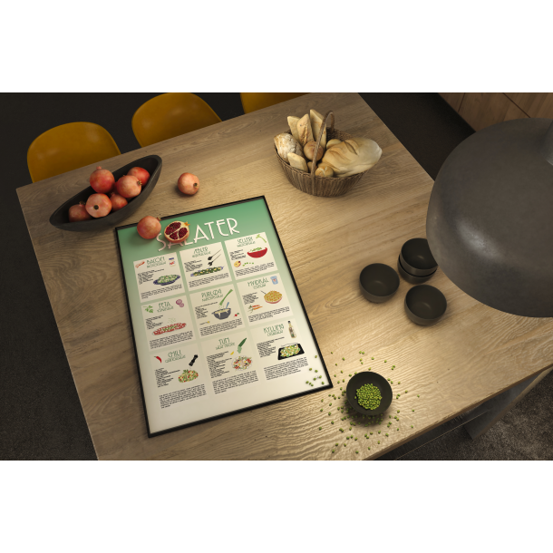 Salater Plakat  A4 og A3 | Dekorativ opskriftsplakat med 9 lkre salater